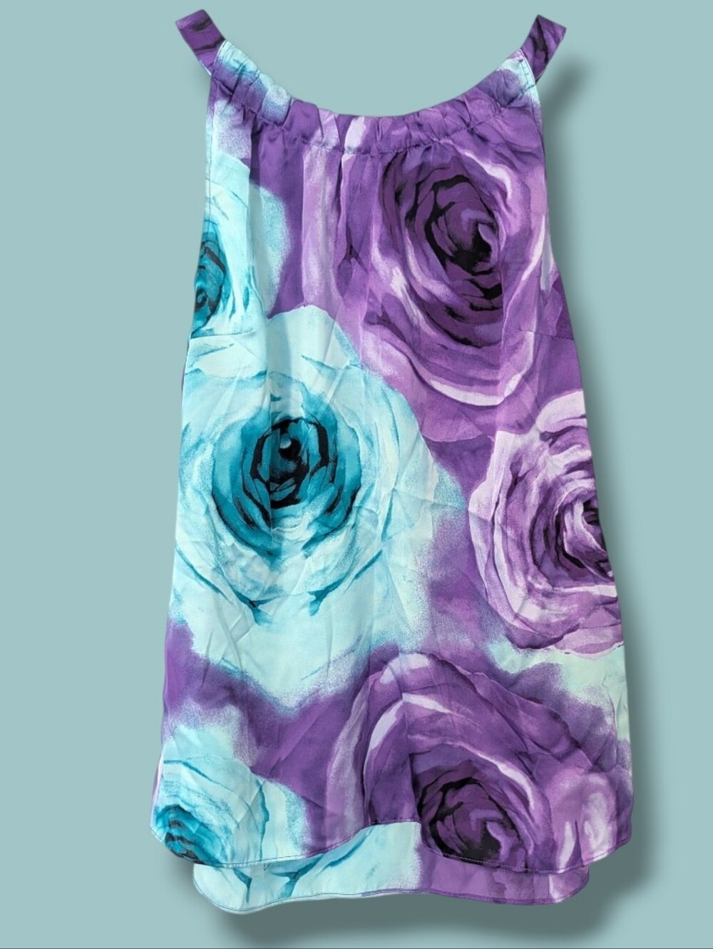 White House Black Market Aqua Blue Purple Floral Rose Sleeveless Silky Blouse